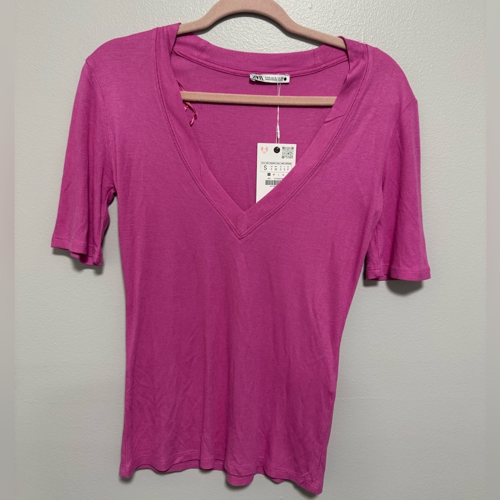 Zara Hot Pink V-neck Half Sleeve Basic Top